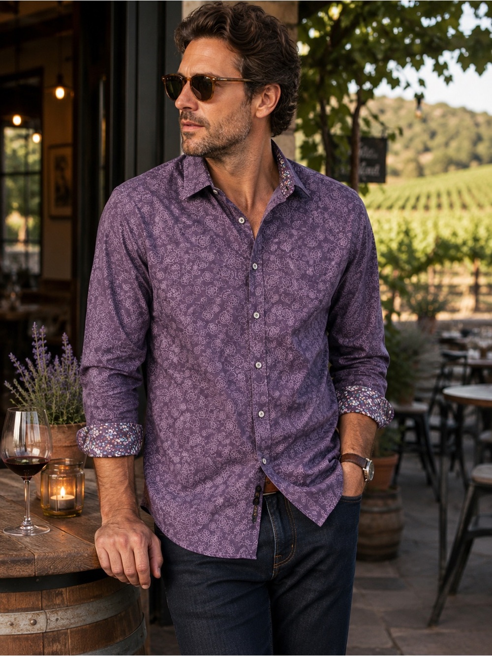 John Lennon Men’s Large Purple Floral Shirt Stretch Cotton Button Down